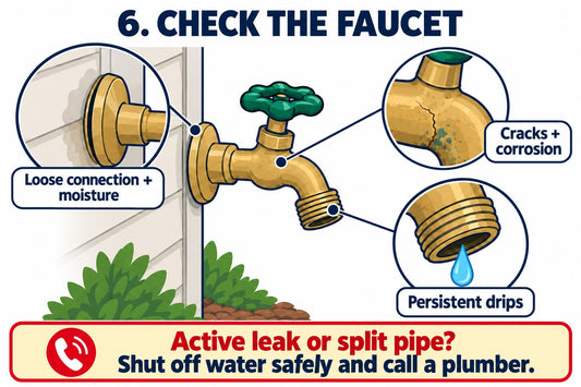Illustrated outdoor faucet inspection checklist showing leaks, cracks, loose connections, and wall moisture.