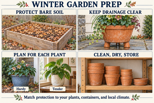 Illustrated winter garden checklist: mulch bare raised-bed soil, keep container drains clear, plan protection by plant type, and store clean empty pots.
